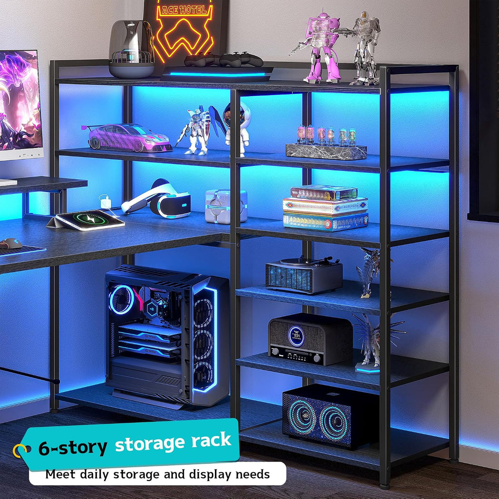 DurayLoly Gaming Desk with 6 Storage Shelves & 2 Fabric Drawers,63'' Computer Desk L Shaped Desk with Power Outlet & LED Strip,Reversible U Shaped Office Desk with Monitor Stand, Black
