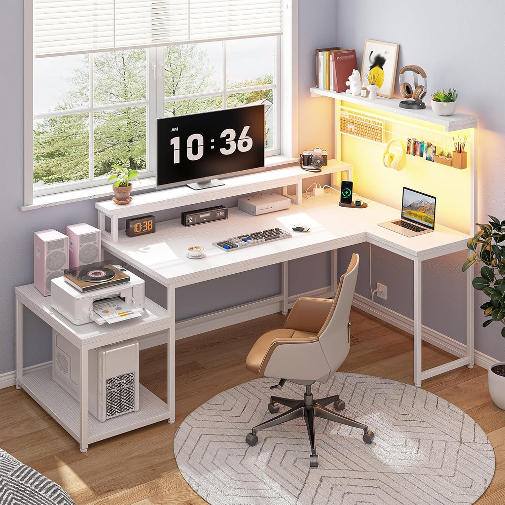 DurayLoly White Desk with Shelves & Hooks, 63.5' L Shaped Computer Desk with Monitor Stand & Power Outlets & LED Lights and Printer Space for Home Office, Bedroom, White