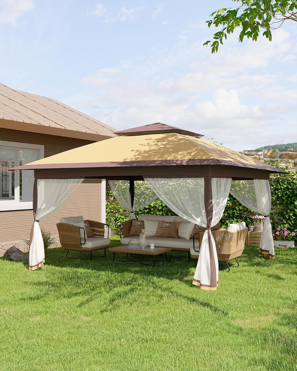 Canopy Tent 12x12 ft, Pop Up Gazebo One-Push Setup with 4 SandBags for Backyard Parties and BBQs, Mosquito Netting & Height Adjustable - Khaki & Coffee