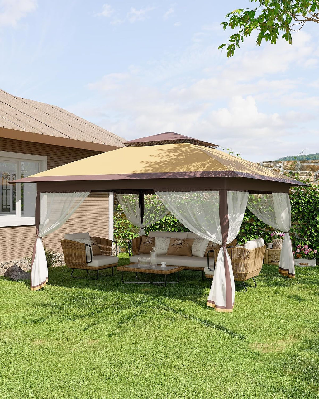 Canopy Tent 13x13 ft, Pop Up Gazebo One-Push Setup with 4 SandBags for Backyard Parties and BBQs, Mosquito Netting & Height Adjustable - Khaki & Coffee