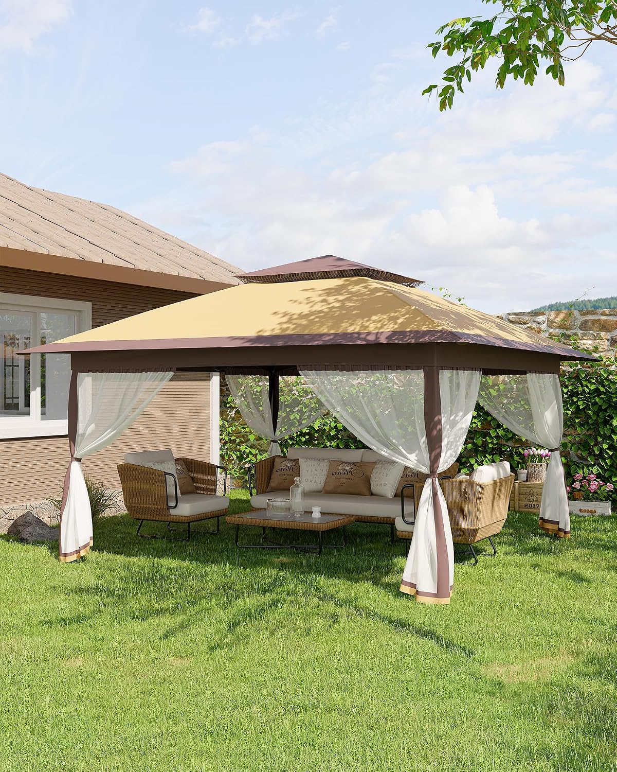 Canopy Tent 13x13 ft, Pop Up Gazebo One-Push Setup with 4 SandBags for Backyard Parties and BBQs, Mosquito Netting & Height Adjustable - Khaki & Coffee