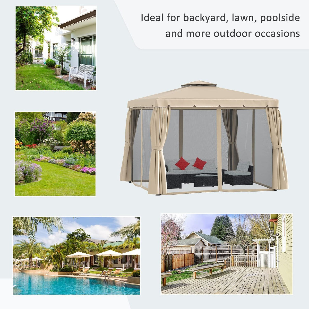 Outsunny 10' x 10' Patio Gazebo, Aluminum Frame Double Roof Outdoor Gazebo Canopy Shelter with Netting & Curtains, for Garden, Lawn, Backyard and Deck, Khaki