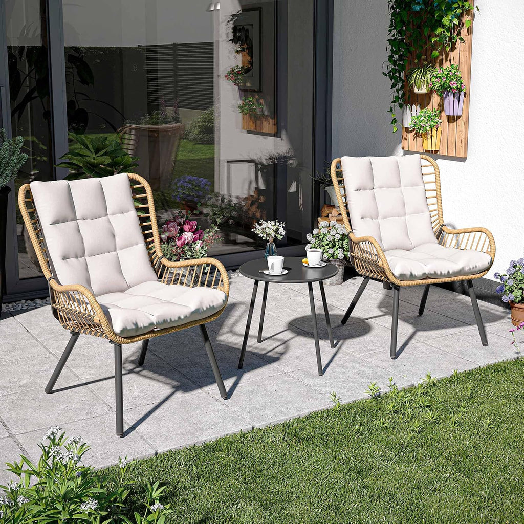 LAUSAINT HOME 3 Piece Outdoor Bistro Set, Small Patio Furniture Set with Coffee Table and Thick Cushions, Front Porch Furniture for Lawn, Garden, Balcony, Poolside, White