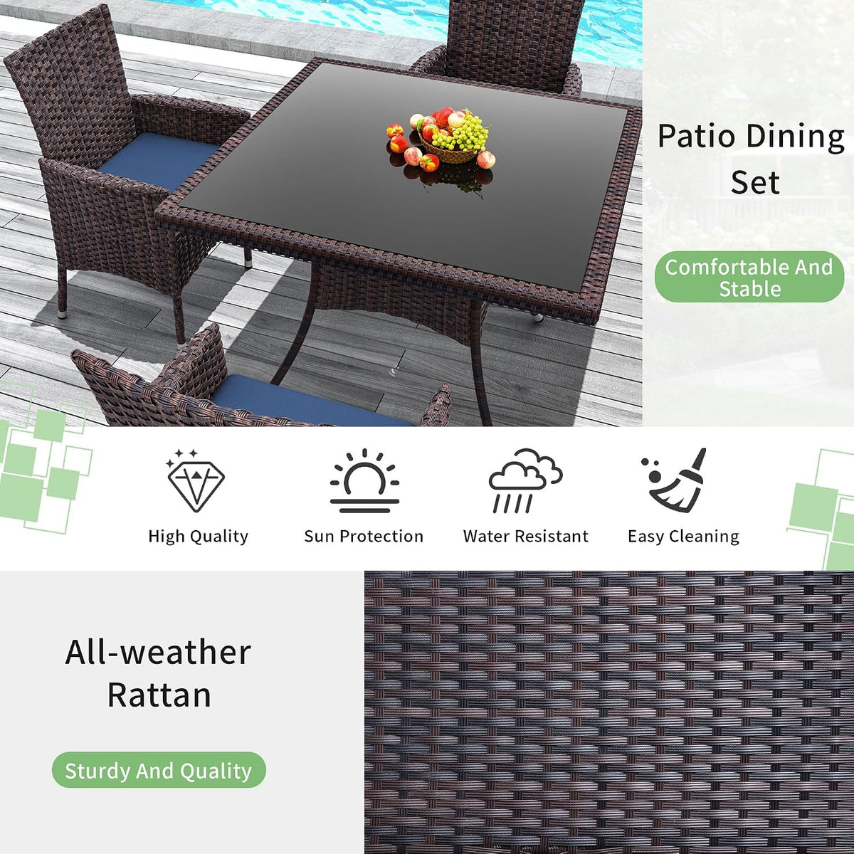 5 Piece Outdoor Dining Set,Rattan Patio Conversation Set of 4 Chairs,Patio Dining Table and Chairs w/Cushions,Square Glass Tabletop,Umbrella Cutout for Patio,NavyBlue