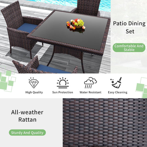 5 Piece Outdoor Dining Set,Rattan Patio Conversation Set of 4 Chairs,Patio Dining Table and Chairs w/Cushions,Square Glass Tabletop,Umbrella Cutout for Patio,NavyBlue
