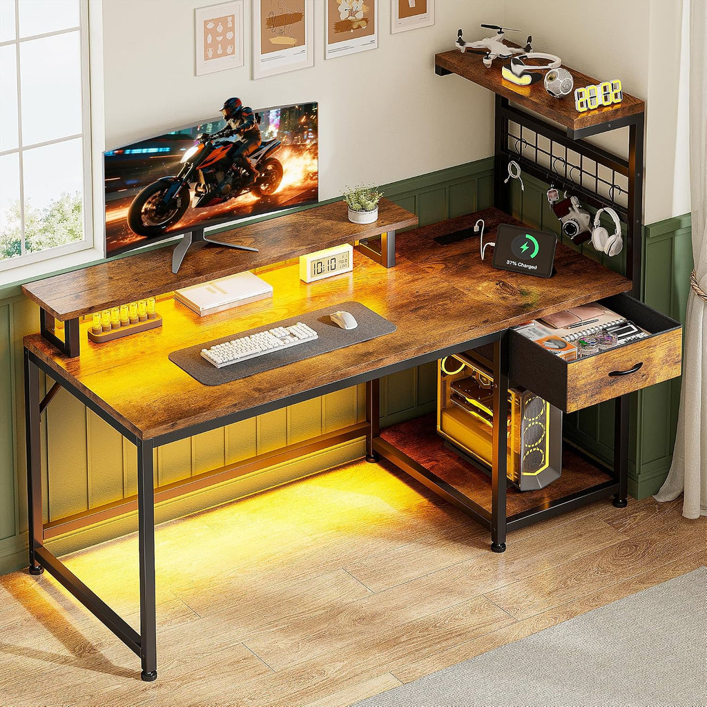 EnHomee 48' Computer Desk with Power Outlets & LED Lights, Gaming Desk with Drawer & Storage Shelves, Reversible Home Office Desk with Monitor Stand, for Living, Study Room, Gaming Room, Rustic Brown