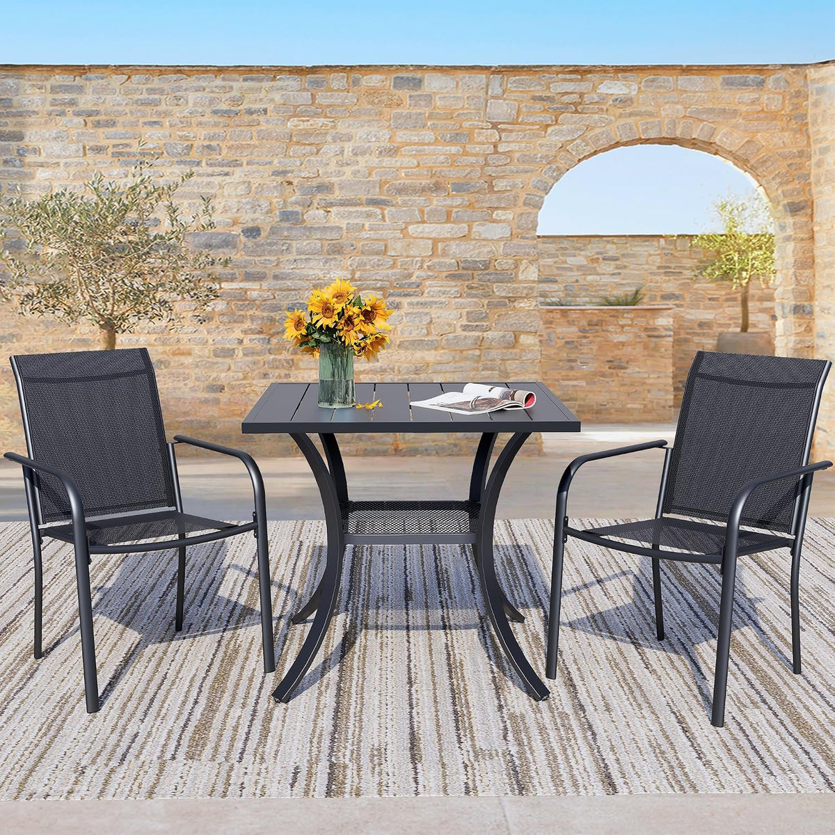 3 Piece Outdoor Dining Set, Patio Table and Chairs Set of 2, 27.6' Black Square Patio Table with 2 Black Stackable Patio Chairs for Lawn, Garden, Porch