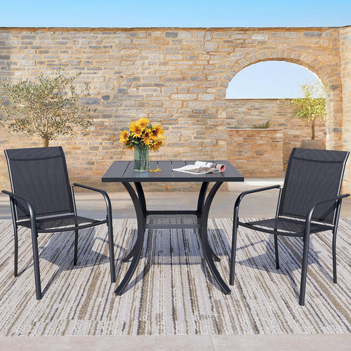 3 Piece Outdoor Dining Set, Patio Table and Chairs Set of 2, 27.6' Black Square Patio Table with 2 Black Stackable Patio Chairs for Lawn, Garden, Porch