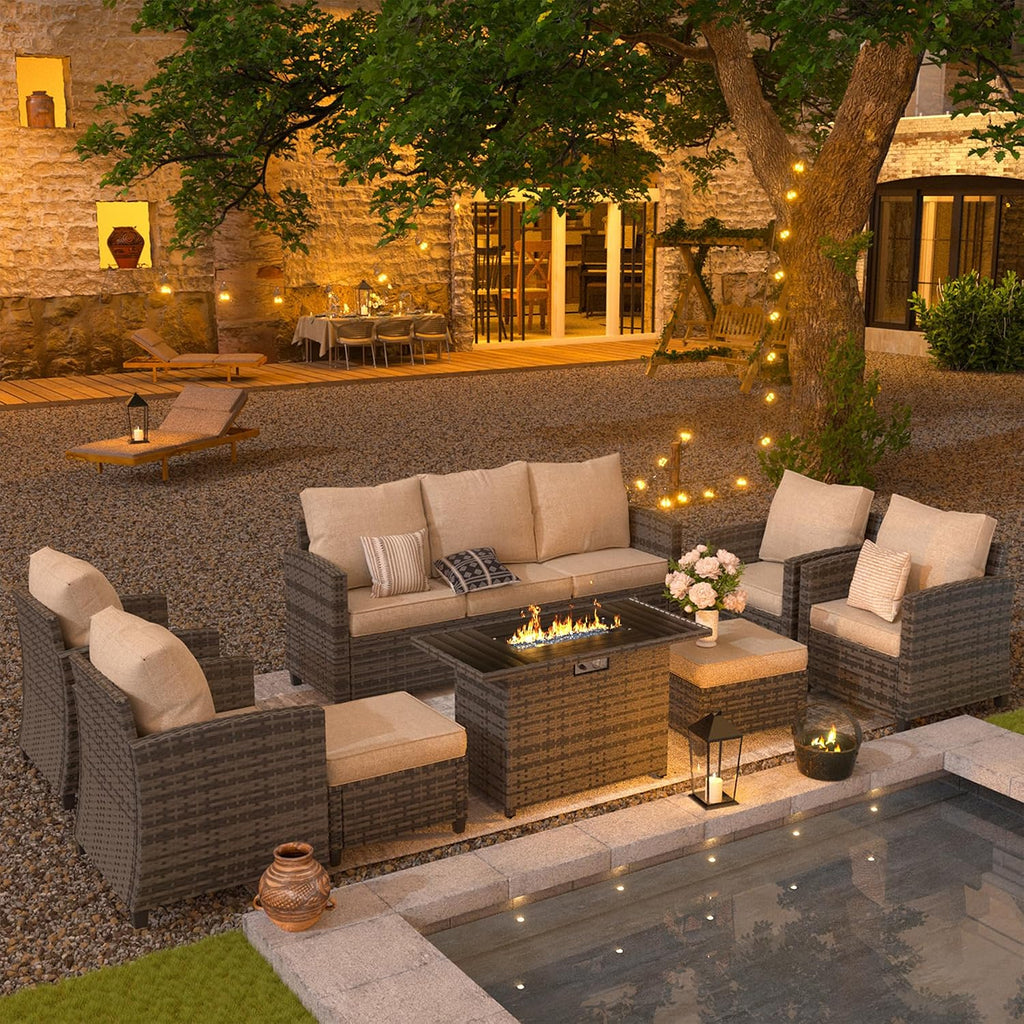 UDPATIO Patio Furniture Set with 44' Fire Pit Table, 6 Pieces Outdoor Sectional Conversation Sets, All-Weather Wicker Rattan Sofa Ottoman with 4' Thick Cushion for Garden Backyard Deck, Khaki