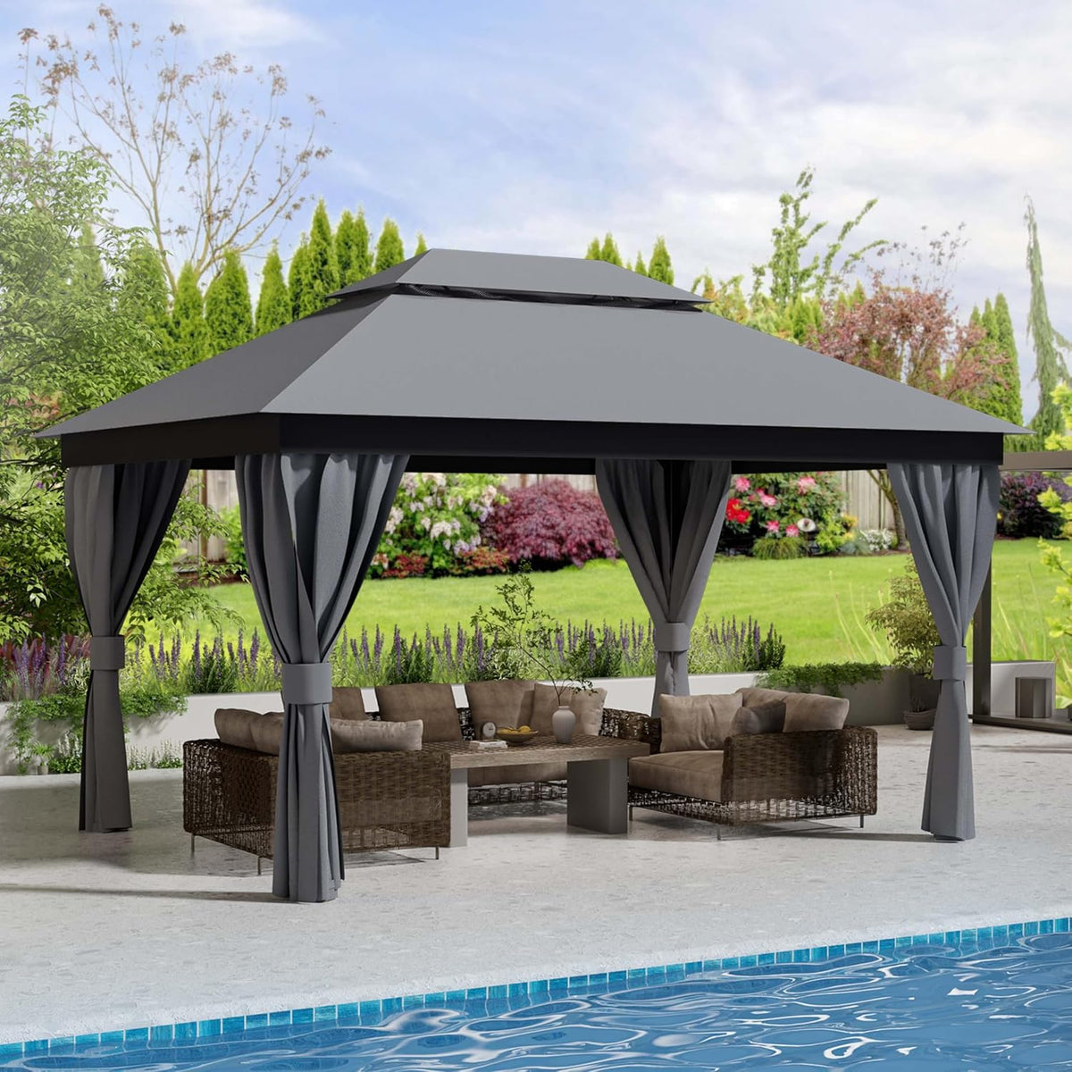 10'X13' Outdoor Patio Gazebo - Double Roofs Party Tent Gazebos with Mosquito Net and Privacy Screens Heavy Duty Steel for Backyard, Garden, Deck - Grey