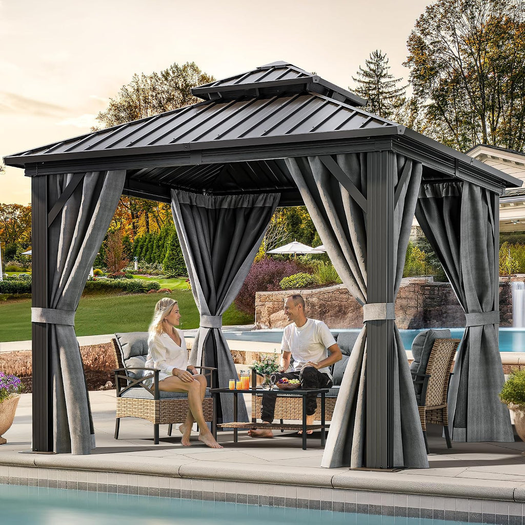 YITAHOME 10X10FT Hard Top Metal Gazebo Patios Double Roof Canopy Aluminum Frame Garden Gazebo Tent Curtains Netting for Patios Backyards Decks Lawns Gray
