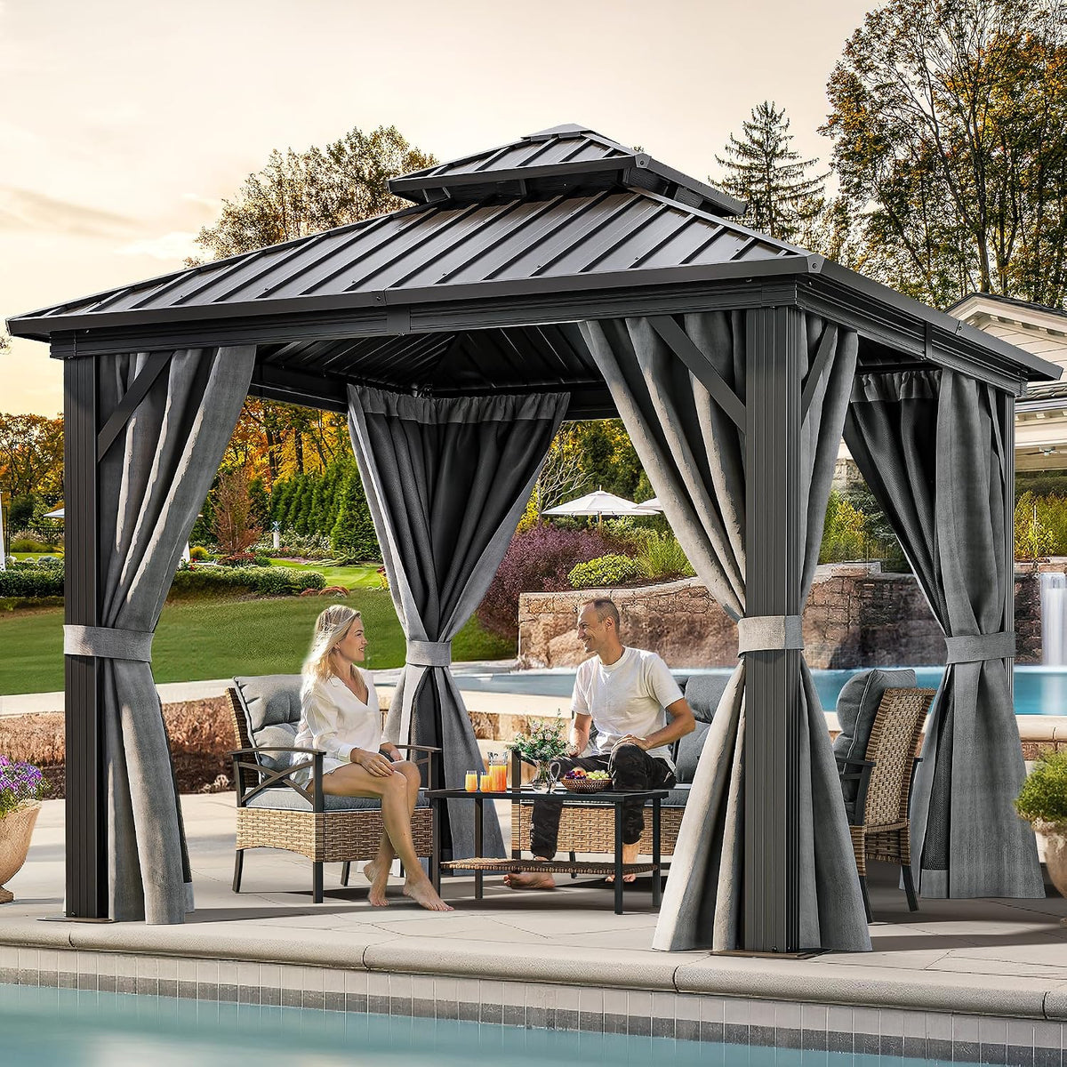 YITAHOME 10X10FT Hard Top Metal Gazebo Patios Double Roof Canopy Aluminum Frame Garden Gazebo Tent Curtains Netting for Patios Backyards Decks Lawns Gray
