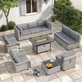 8-Seat Outdoor Wicker Patio Furniture Set with Fire Pit Table, Modular Rattan Sectional Sofa & 2 Swivel Rocking Chairs, 4' Thick Cushions, Rust-Resistant Frame,Black