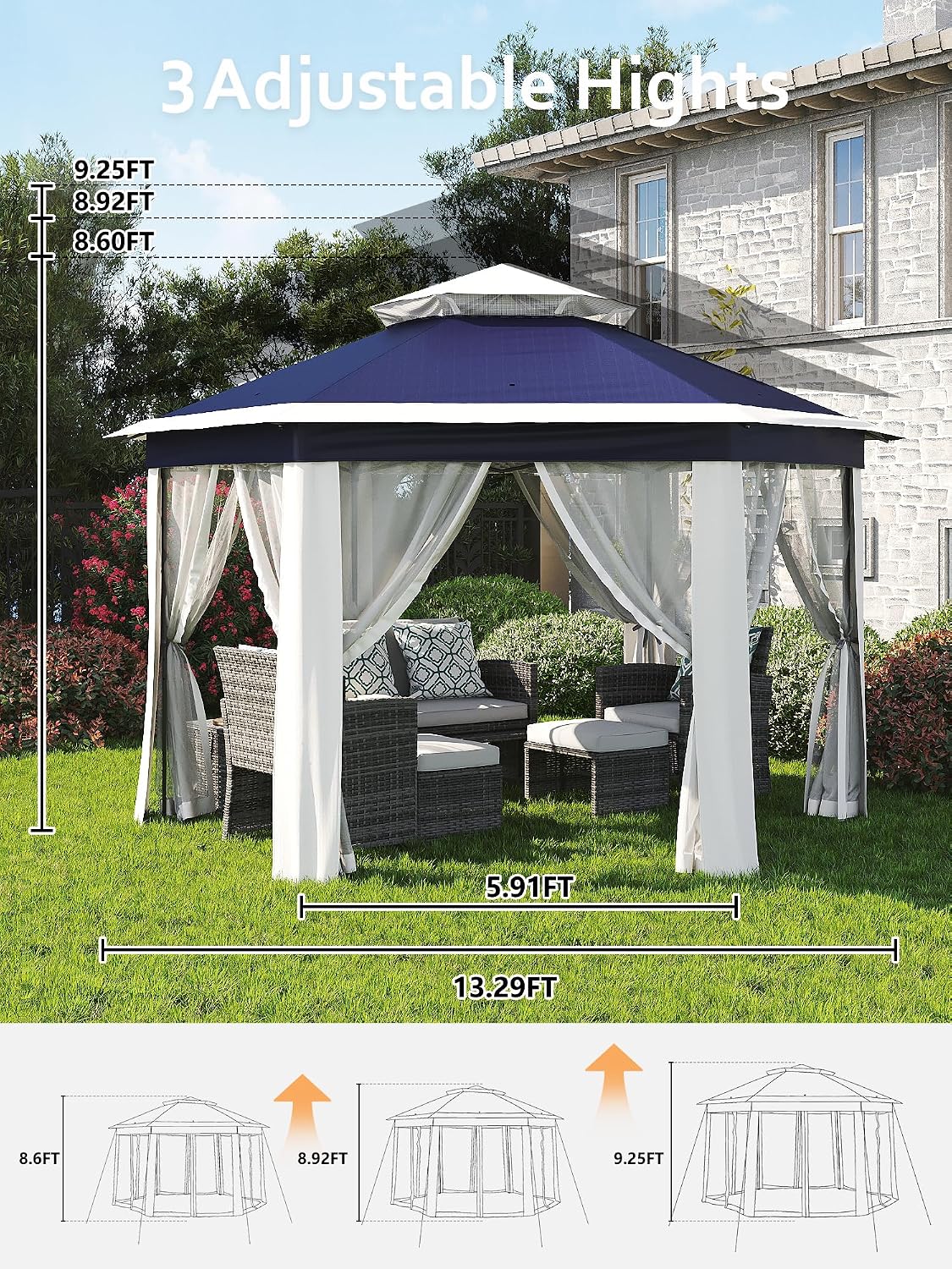 Garvee Pop Up Gazebo Screen Tent, Hexagonal Instant Gazebo Tents with Mosquito Netting Outdoor Canopy, 6 Sided Sun Shelter 13x13 ft with Mesh Netting, Pavilion Tent for Patio, Blue+Beige