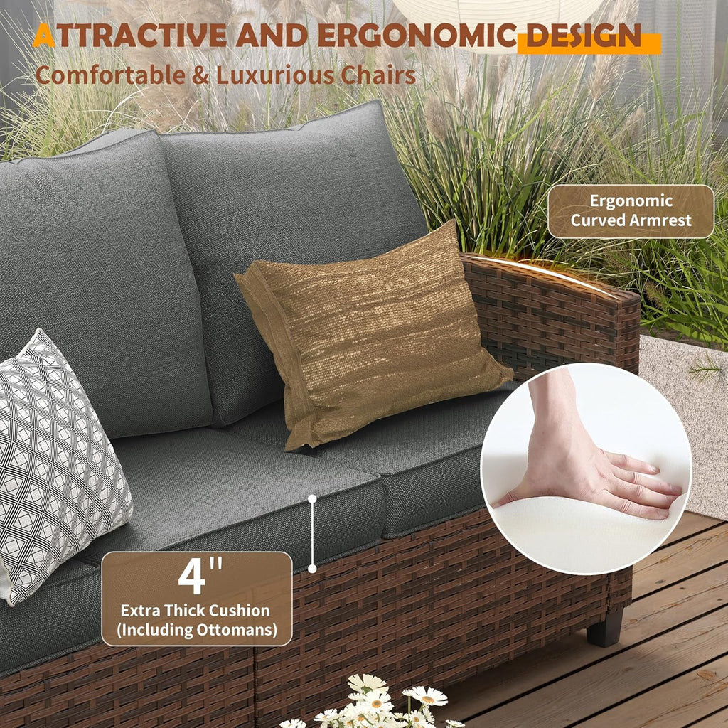 UDPATIO Outdoor Patio Furniture Set with 44' Fire Pit Table, 6 Pieces Sectional Conversation Sets, All-Weather Wicker Rattan Sofa Ottoman with 4' Thick Cushion for Garden Backyard Deck, Dark Grey