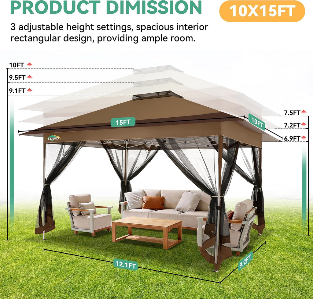 COBIZI 10x15 FT Pop up Gazebo on Clearance - Outdoor pop up Heavy Duty Canopy Tent,carpas para Patio,Screen Tents with Portable Carry Bag, Patio Gazebos for Camping, Garden, Deck, Backyard, Brown