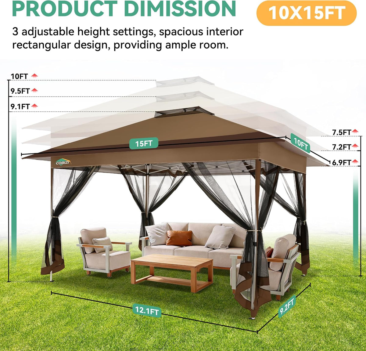 COBIZI 10x15 FT Pop up Gazebo on Clearance - Outdoor pop up Heavy Duty Canopy Tent,carpas para Patio,Screen Tents with Portable Carry Bag, Patio Gazebos for Camping, Garden, Deck, Backyard, Brown