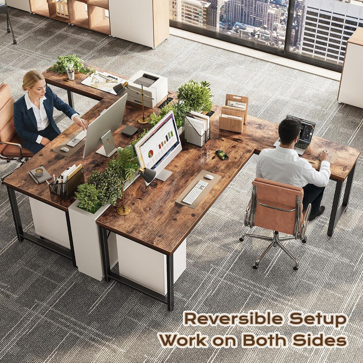 Huuger 63 Inch L Shaped Desk with Power Outlets and USB-C Port, 0.95 Inch Thicker Desktop, Reversible Computer Desk, Larger Office Corner Gaming Desk, Metal Frame, for Home Office, Study, Rustic Brown