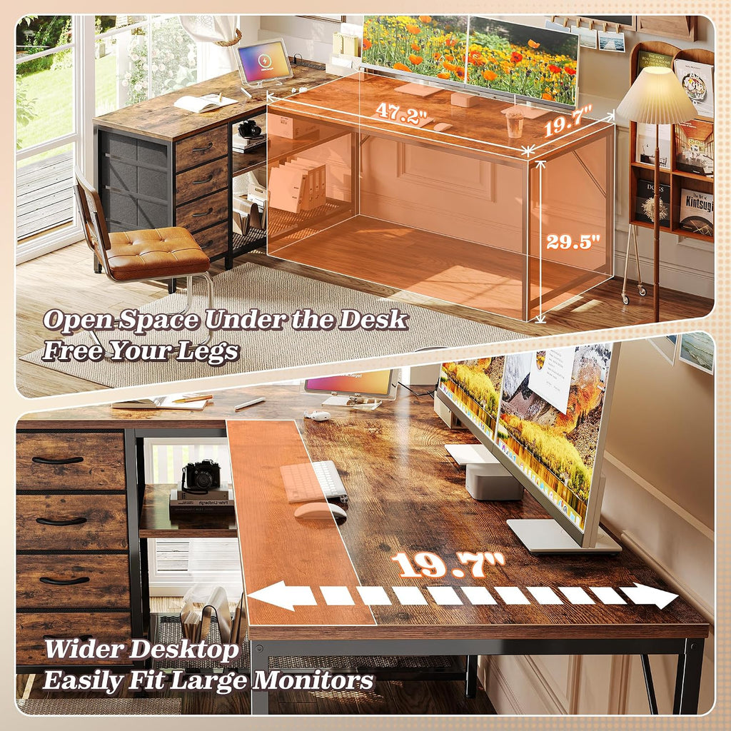 PRAISUN 61' L Shaped Desk with Power Outlets and USB-C Port, Reversible Computer Corner Office Desk with 4 Fabric Drawers and 2 Height-Adjustable Shelves, Large for Gaming Writing Study, Rustic Brown