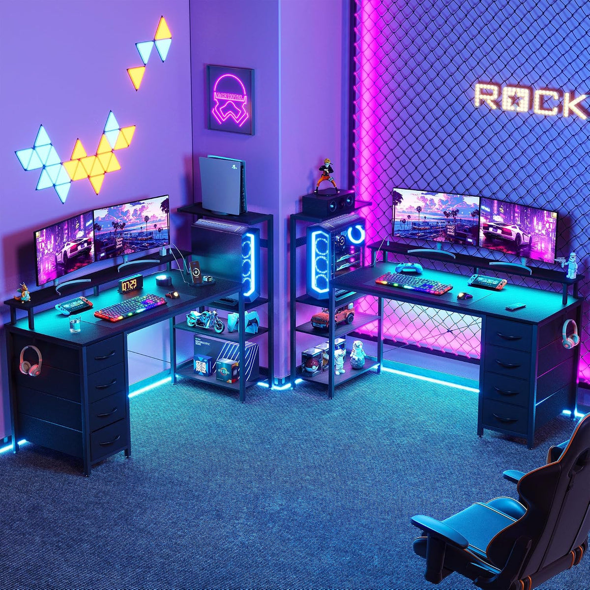 51 Inch Gaming Desk with LED Lights and Power Outlets, Computer Desk with Storage Shelves, Fabric Drawers, Monitor Stand & Side Hook, Reversible Gamer Table for Home Office, Carbon Fiber Black