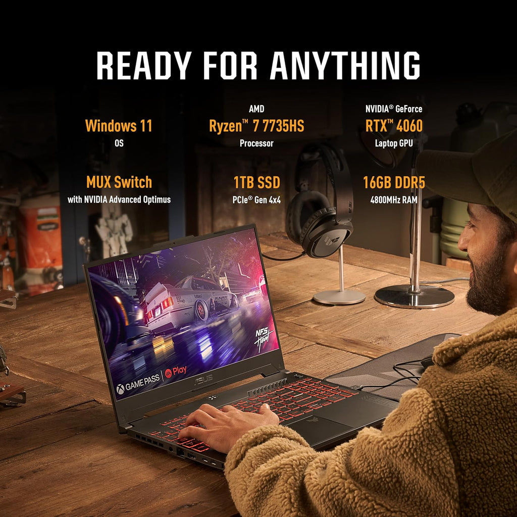 ASUS TUF Gaming A15 (2023) Gaming Laptop, 15.6' FHD 144Hz, 100% sRGB Display, GeForce RTX 4060, AMD Ryzen 7 7735HS, 16GB DDR5, 1TB PCIe SSD, Wi-Fi 6, Windows 11, FA507NV-EH74
