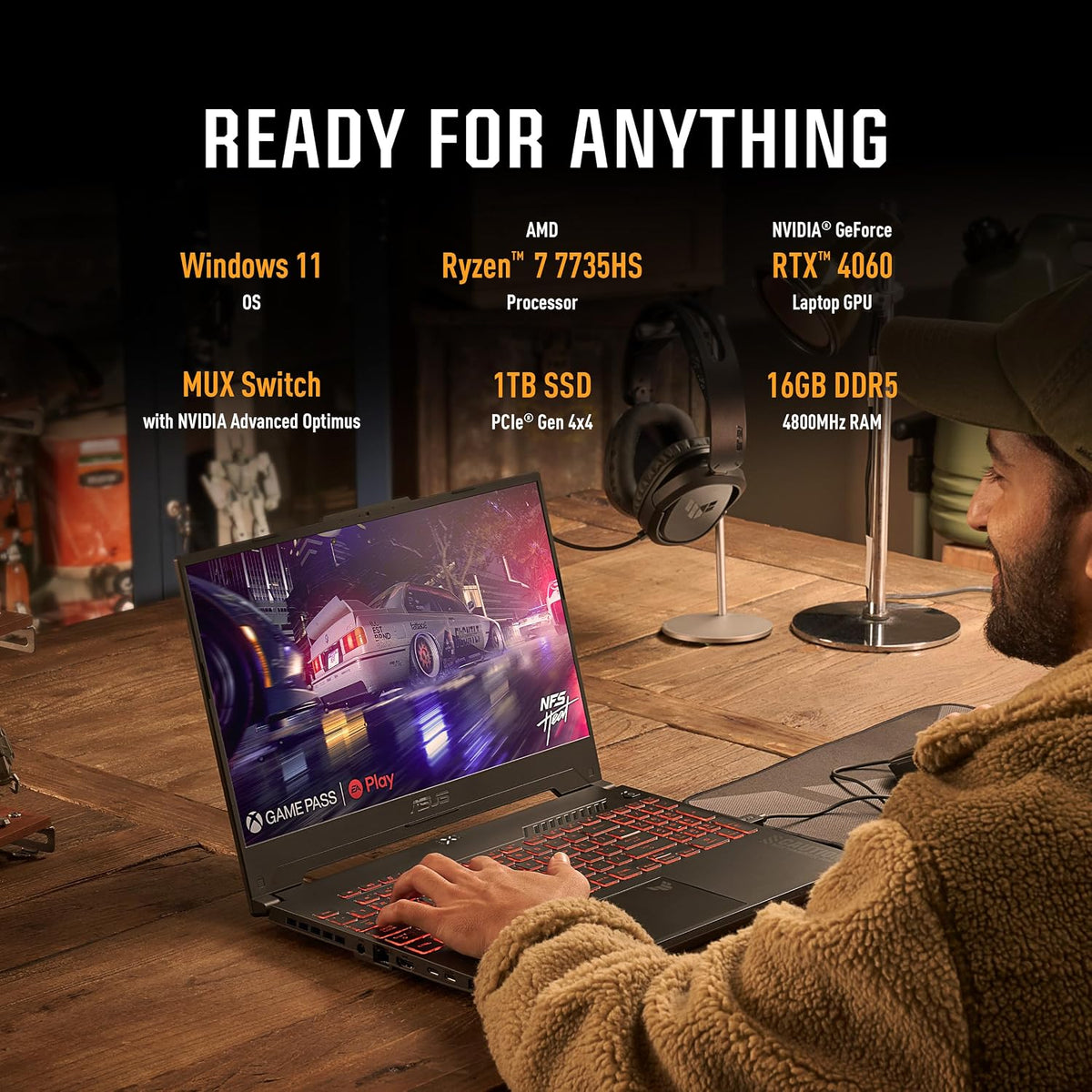 ASUS TUF Gaming A15 (2023) Gaming Laptop, 15.6' FHD 144Hz, 100% sRGB Display, GeForce RTX 4060, AMD Ryzen 7 7735HS, 16GB DDR5, 1TB PCIe SSD, Wi-Fi 6, Windows 11, FA507NV-EH74