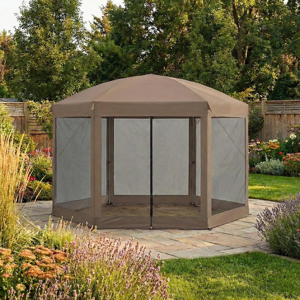 Garden Winds Reinforced RipLock 350 Replacement Canopy Top and Netting Set Compatible with Coleman Hex 10' x 12' Gazebo Model 2000013063 – Nutmeg