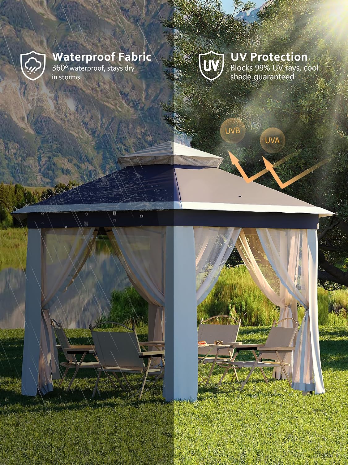 Garvee Pop Up Gazebo Screen Tent, Hexagonal Instant Gazebo Tents with Mosquito Netting Outdoor Canopy, 6 Sided Sun Shelter 13x13 ft with Mesh Netting, Pavilion Tent for Patio, Blue+Beige
