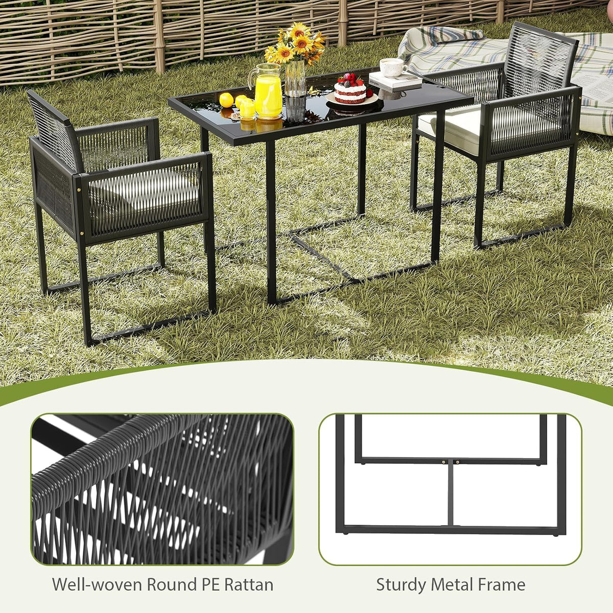 DORTALA Wicker Outdoor Bistro Set 3 Piece, Small Patio Furniture Dining Set with with Cushions, Tempered Glass Tabletop, All- Weather Table and Chairs for Backyard, Balcony, Poolside, Black+White