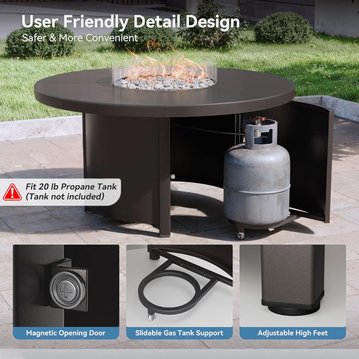 5 Piece Metal Outdoor Patio Furniture Set with 48'/55000 BTU Round Fire Pit Table,Outdoor Dining Table Set 4 Swivel Chairs No-Slip Cushions and Waterproof Covers,Navy