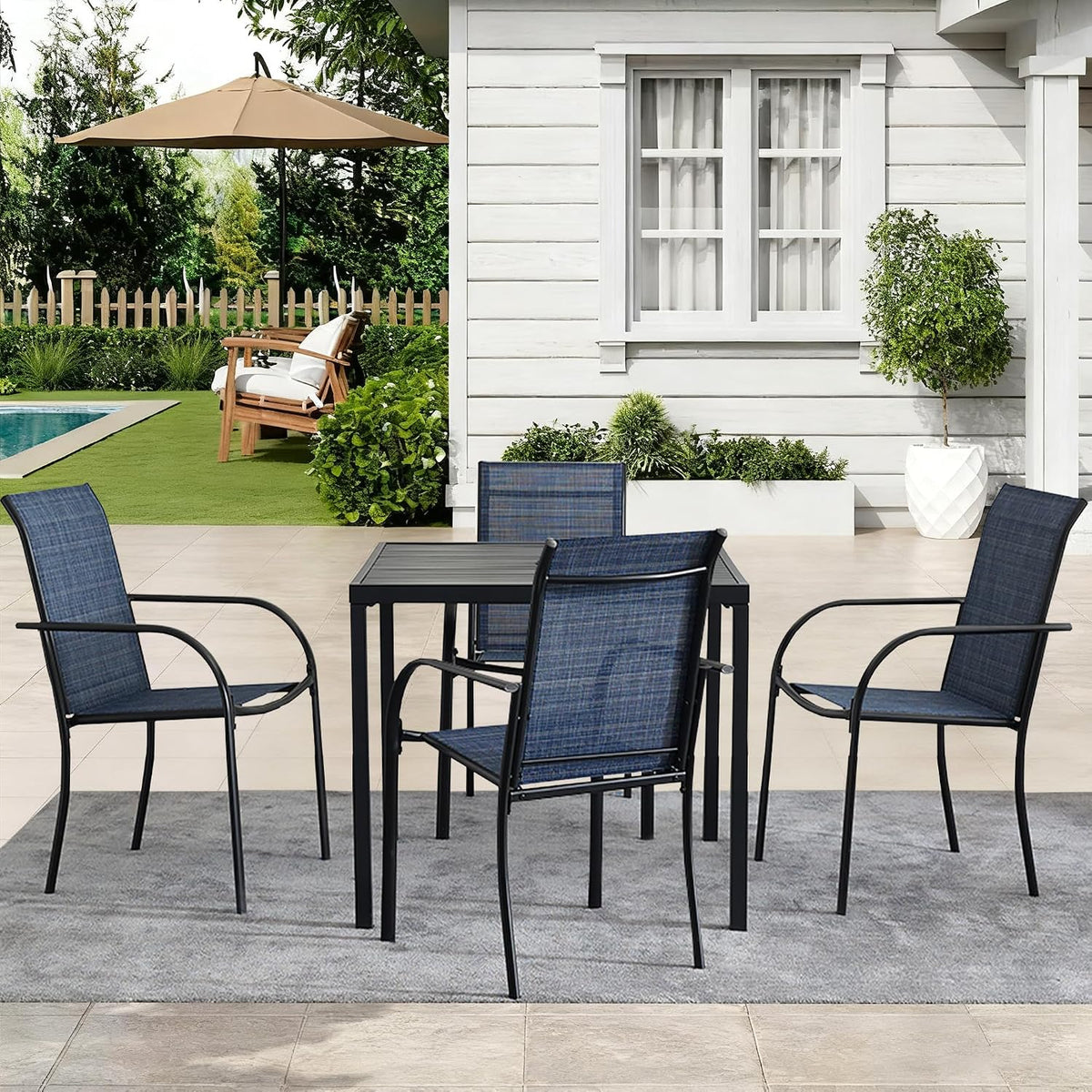 5-Piece Outdoor Dining Set, 35.5' Square Metal Patio Table with Dark Blue Chairs, Black Table with Umbrella Hole for Garden, Yard, Patio