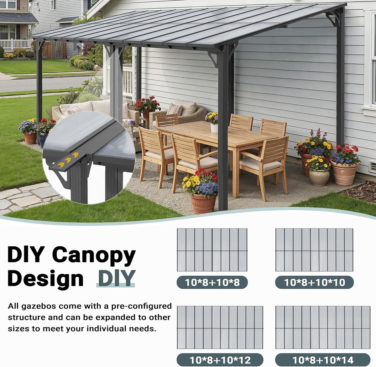 AirWire 10'x8' Wall-Mounted Lean to Gazebo with Aluminum Frame & Polycarbonate Panel, 8x10 FT Hardtop Pergola with Sloped Roof for Backyard, Porch, Deck