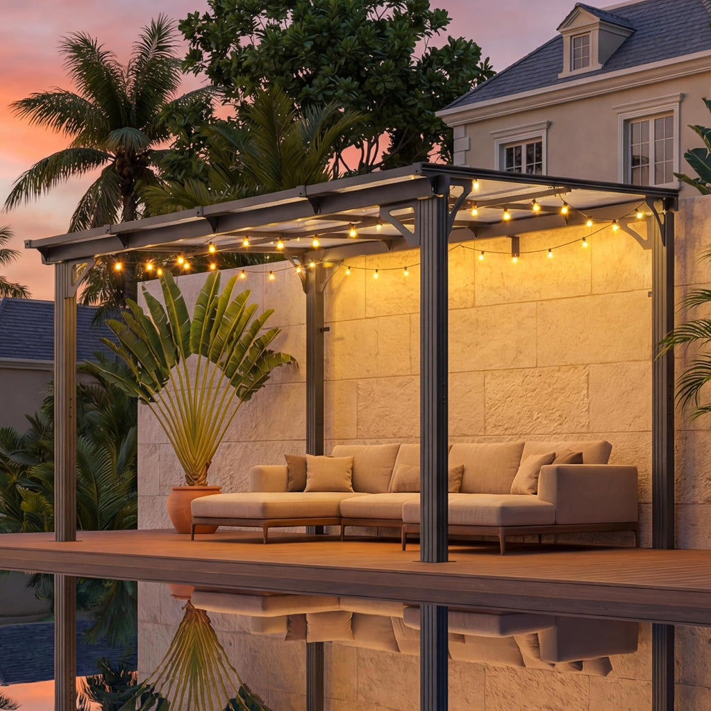 AirWire 10'x8' Wall-Mounted Lean to Gazebo with Aluminum Frame & Polycarbonate Panel, 8x10 FT Hardtop Pergola with Sloped Roof for Backyard, Porch, Deck