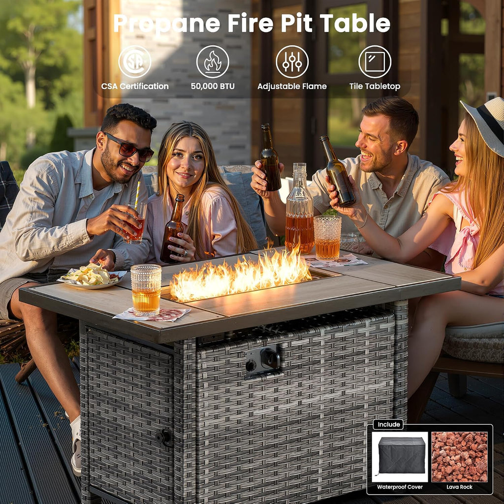 ovios 6 Pieces Patio Furniture Set with 42' Fire Pit Table, Outdoor Wicker Sofa with Comfy Cushions, All Weather High Back Rattan Couch Conversation Set, Orange Red