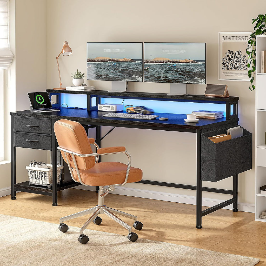 DurayLoly 55' Computer Desk with Drawers & Storage Bag, Gaming Desk with Power Outlets and LED Lights, Office Desk with Monitor Stand for Bedroom Gaming Room, Study Work Home Office, Black