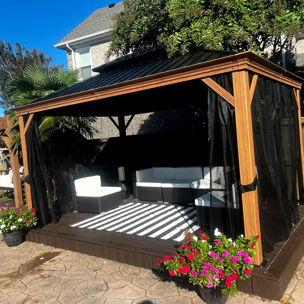 PURPLE LEAF 10' X 14' Outdoor Hardtop Gazebo for Patio Galvanized Steel Double Roof Permanent Canopy Teak Finish Coated Aluminum Frame Pavilion Gazebo with Netting
