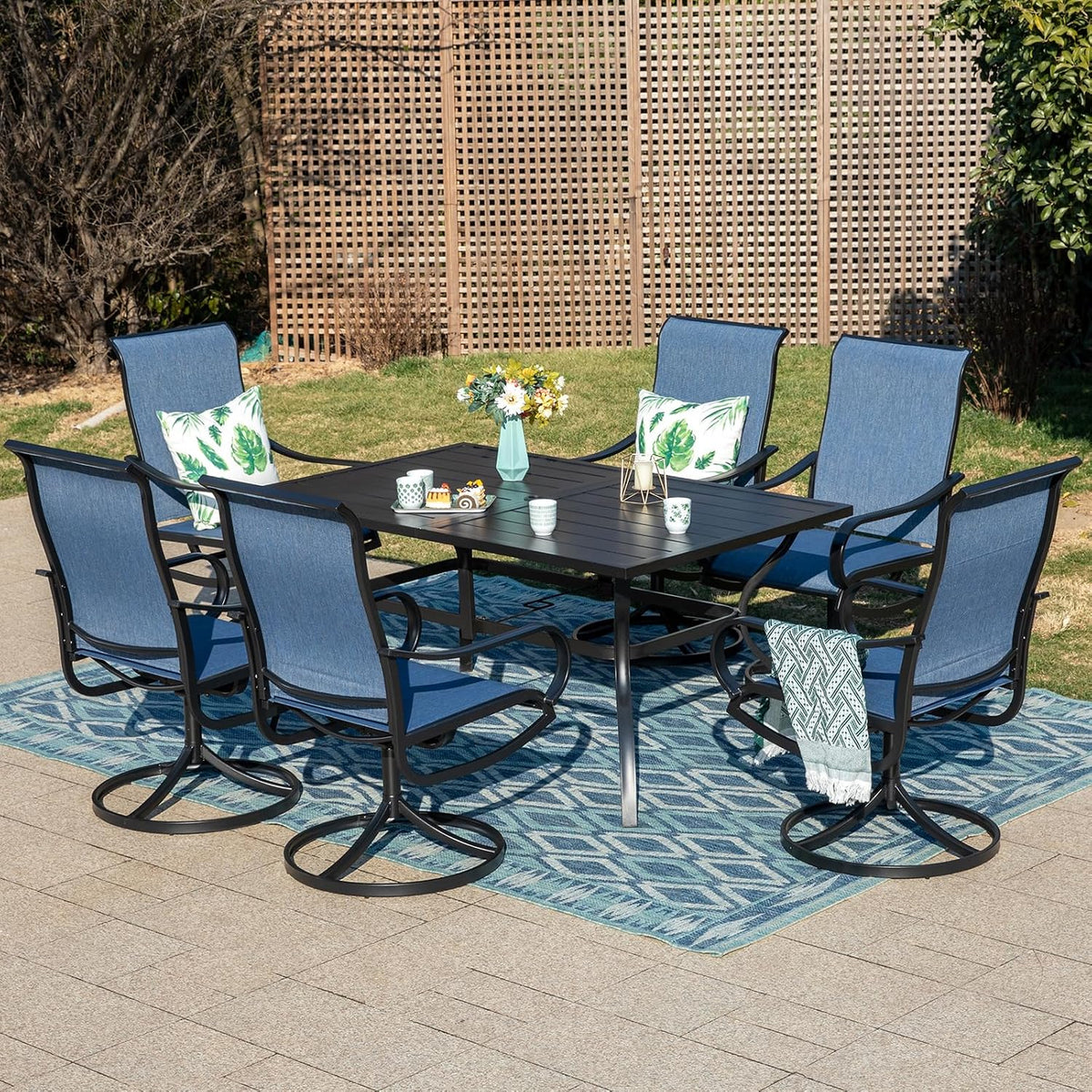 MFSTUDIO Patio Table and Chairs Set of 6, Outdoor Dining Set for 6 with Metal Table and Swivel Chairs, 7 Piece Outdoor Patio Furniture Set for Deck/Backyard/Poolside/Garden