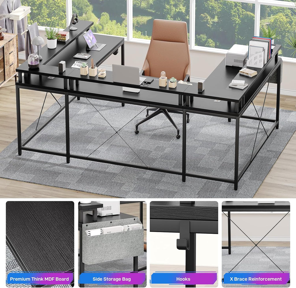 IDEALHOUSE U Shaped Home Office Desk, Reversible L Shaped Gaming Computer Desk with Power Outlets,126 Inch Computer Desk with Monitor Stand and LED Lights,Storage Shelves,Storage Bag and Hooks（Black）