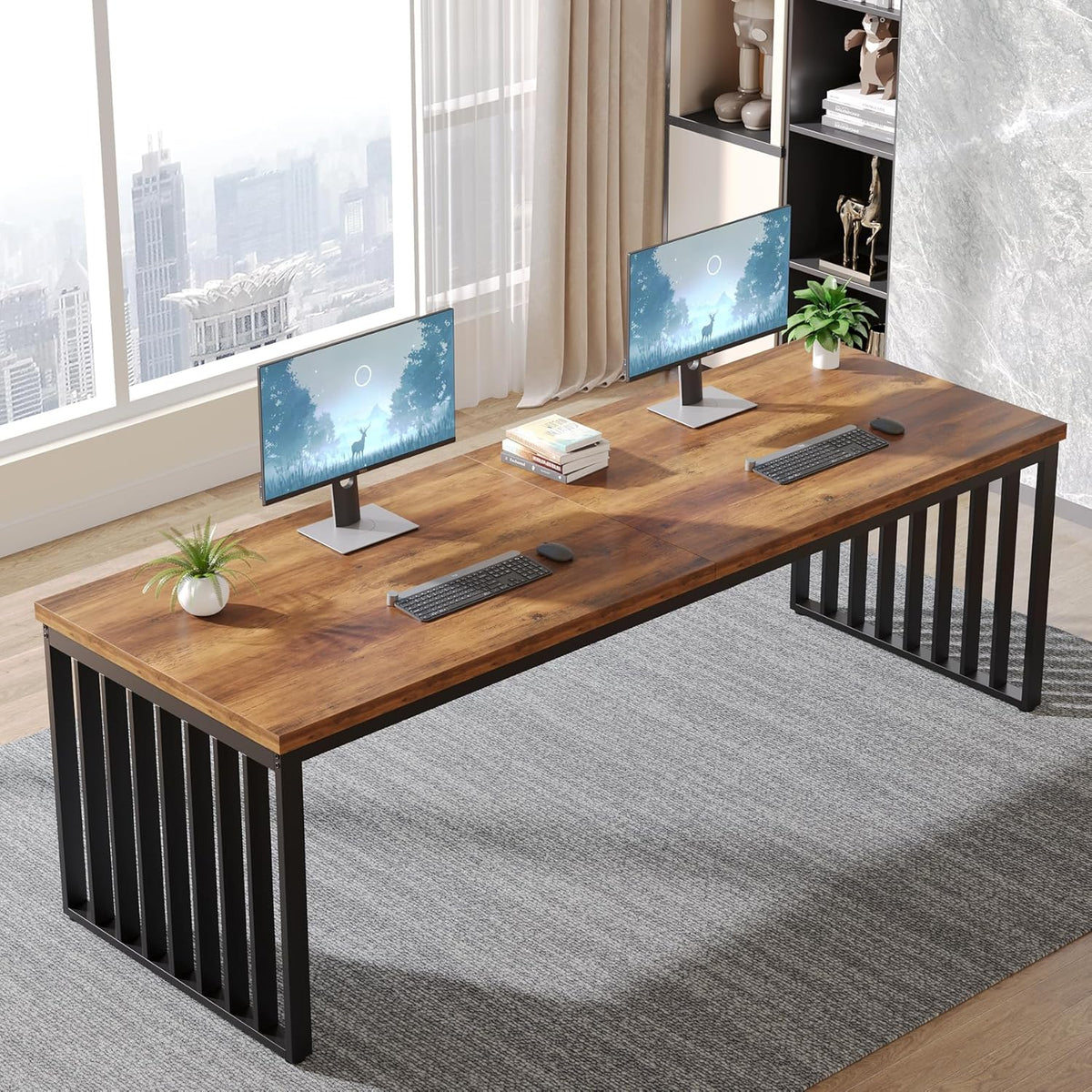 Tribesigns 78.74' Extra Long Computer Desk for 2 Person, Double Long Desk with Heavy Duty Metal Frame, Double Workstation Study Table for Home Office (Without Chair) (Brown & Black)