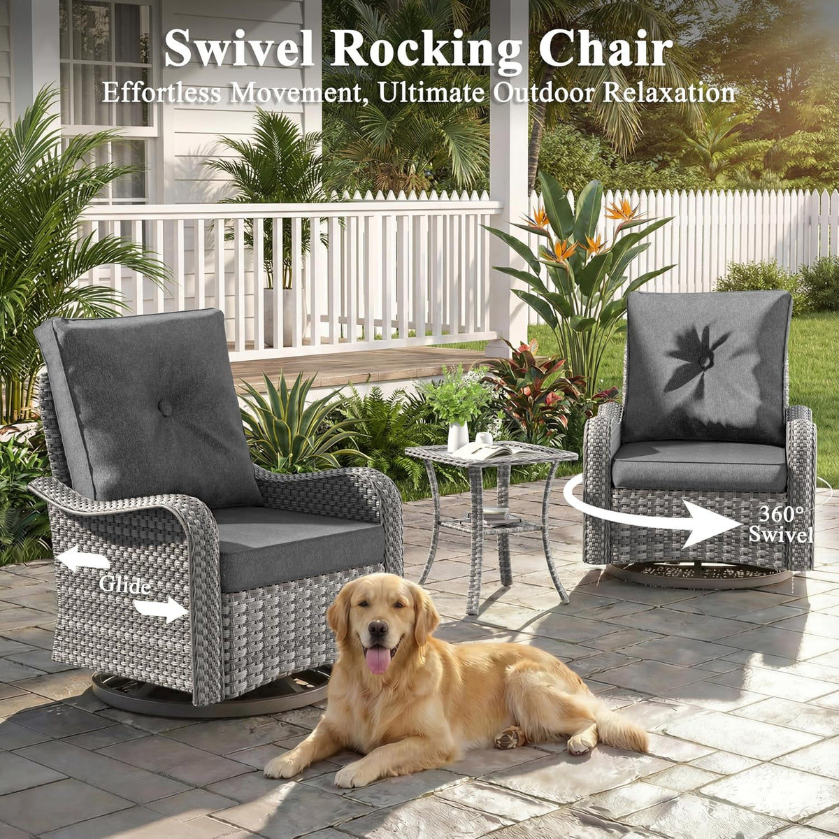 2-Seat Modern Patio Furniture Set with Swivel Rocking Chairs, Thick 4″ Cushions, Dual-Strand Wicker Rattan, Rust-Resistant Steel Frame – Outdoor Conversation & Modular Sectional,Black