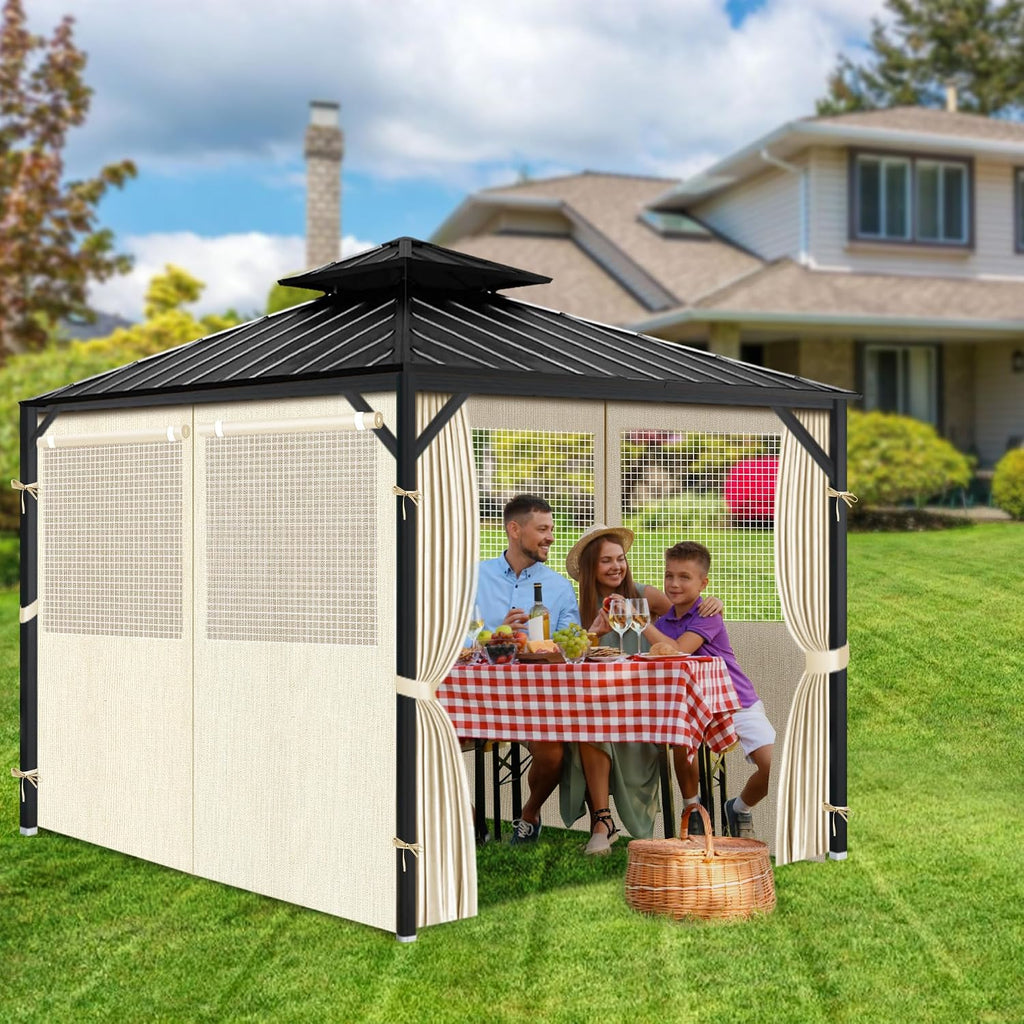 Gazebo Privacy Curtains 10' x 12' with Mosquito Windows, 4-Panels Side Wall with Zipper Universal Replacement for Patio, Outdoor Canopy, Garden and Backyard, Beige(Curtain Only)