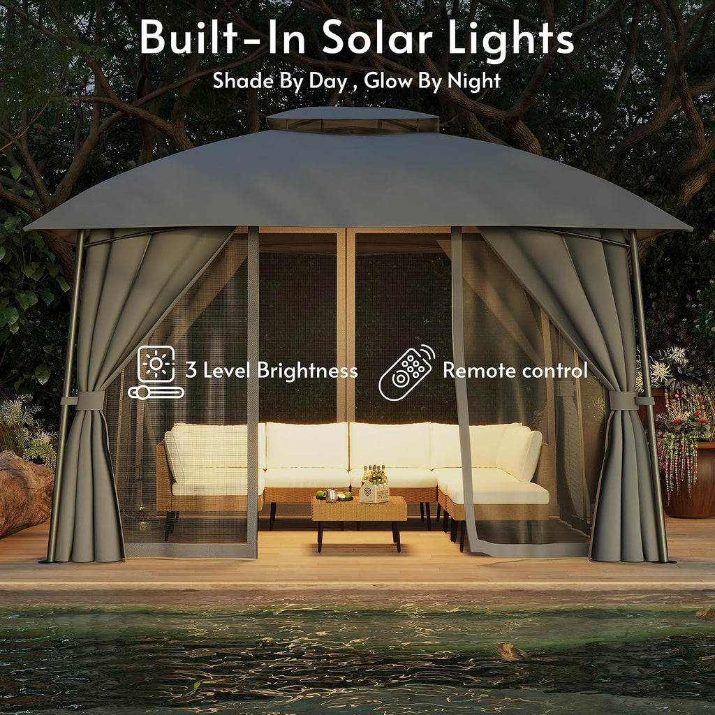 Gazebo 10x12 (Canopy Size) with LED Light & Mosquito Netting & Privacy Screens. Double Roof Design Outdoor Gazebo with Trapezoidal Support System for Patio, Deck, Backyard, Garden & Lawns