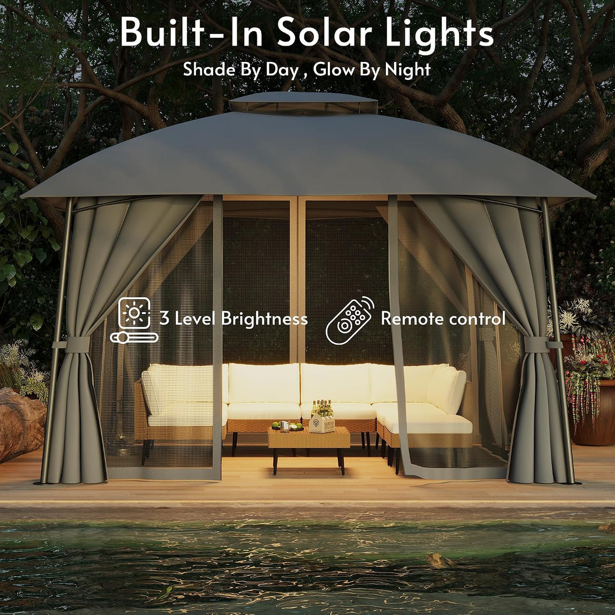 Gazebo 10x12 (Canopy Size) with LED Light & Mosquito Netting & Privacy Screens. Double Roof Design Outdoor Gazebo with Trapezoidal Support System for Patio, Deck, Backyard, Garden & Lawns