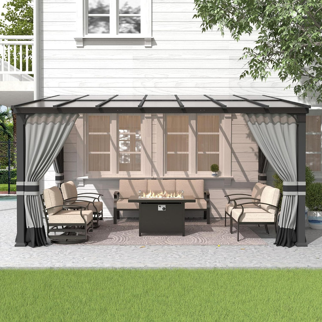 Gotland 10 FT x 14 FT Lean to Gazebo, 3 in 1 Outdoor Gazebo with Sloped Roof, Wall Mounted Gazebo with Ground Anchor Sturdy Structure, Galvanized Steel Metal Pergola for Backyard Deck Grey