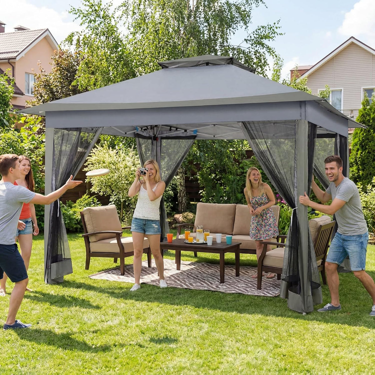 COBIZI 12x12 Pop Up Gazebos On Clearance - Upgrade Easy Up Metal Outdoor Gazebo Waterproof - Portable Gazebo with Mosquito Nettings, 4 Ropes 8 Stakes and Carry Bag for Patio Garden(Dark Gray)