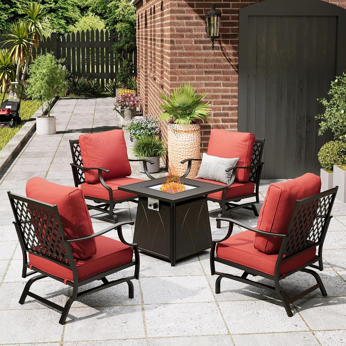 MIXPATIO Patio Furniture Set with Fire Pit Table, 5 Pcs Metal Outdoor Conversation Set, 4 Rocking Chairs with 5.75' Extra Thick Cushion and 28' Fire Pit Table for Backyard Deck, Red
