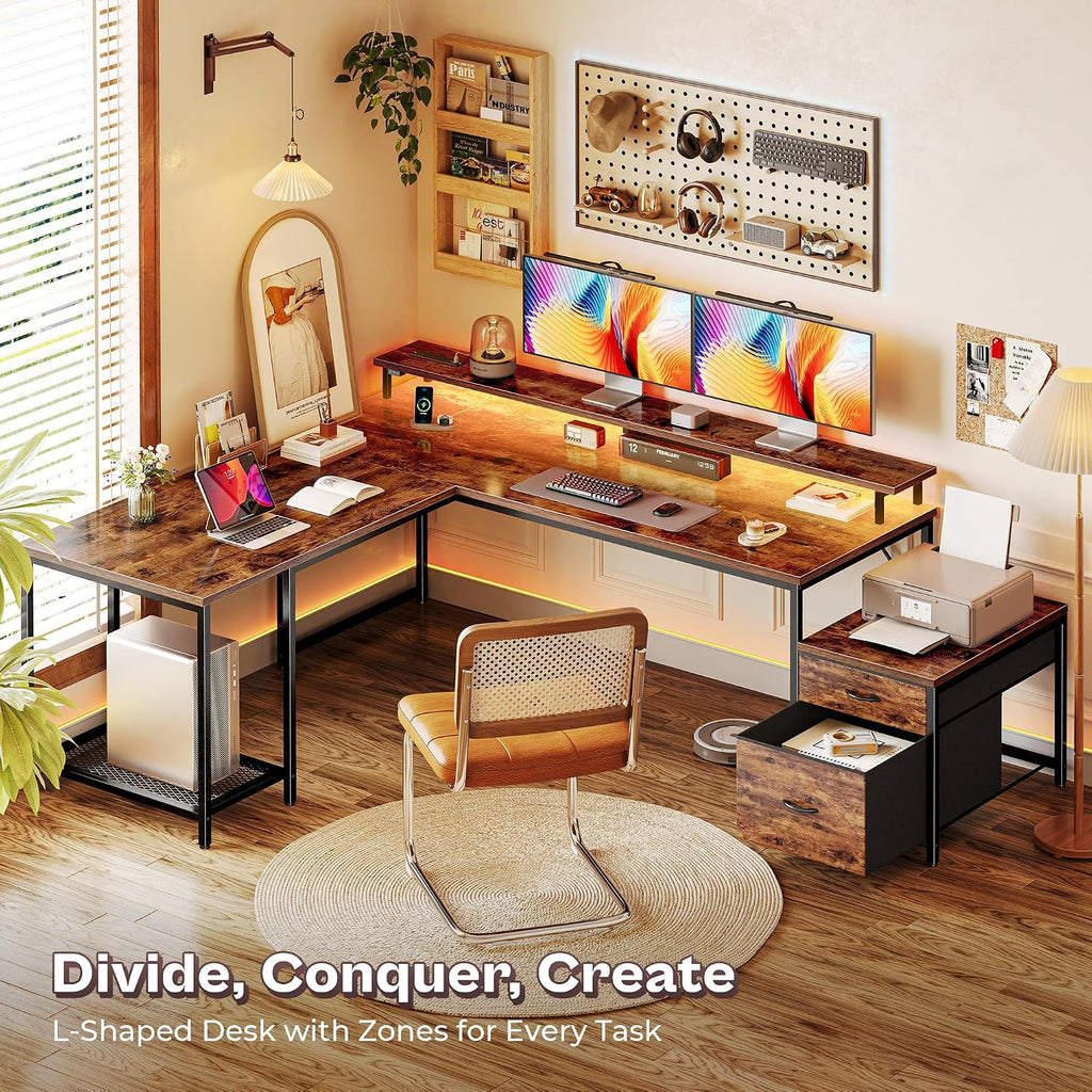 PRAISUN 66' L Shaped Gaming Desk with LED Lights & Power Outlets, Computer Desk with Fabric Drawers and Print Stand, Corner Office Desk, Monitor Stand, Mesh CPU Stand, Rustic Brown