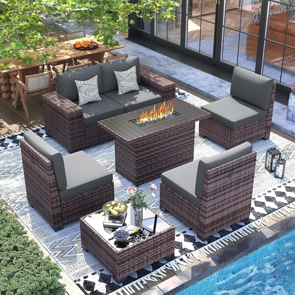 UDPATIO Furniture Set with Fire Pit Table, 8 Inch Wide Armrest 7 Piece Sectional Sofas, All-Weather Wicker Conversation for Garden, Backyard, Grey