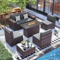 UDPATIO Furniture Set with Fire Pit Table, 8 Inch Wide Armrest 7 Piece Sectional Sofas, All-Weather Wicker Conversation for Garden, Backyard, Grey