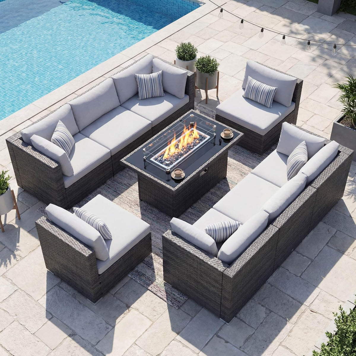 NICESOUL 9 Piece Outdoor Patio Furniture Set with Fire Pit Table Dual Natural Gas & Propane, 29.3'' High Back Extra Large Comfy Wicker Conversations, Deep Wide Modular Couches for Garden, Light Grey